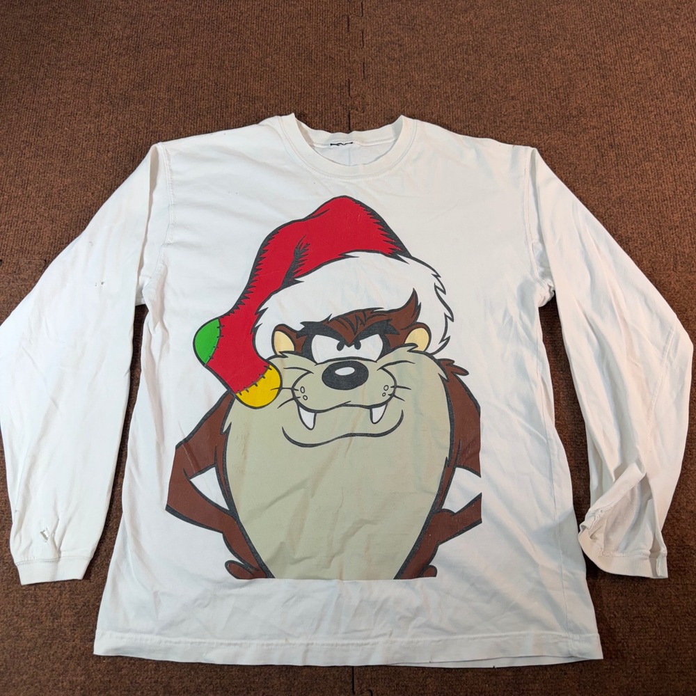 Looney Tunes Taz Christmas Long Sleeve T-Shirt Mens White Graphic Tee Holiday